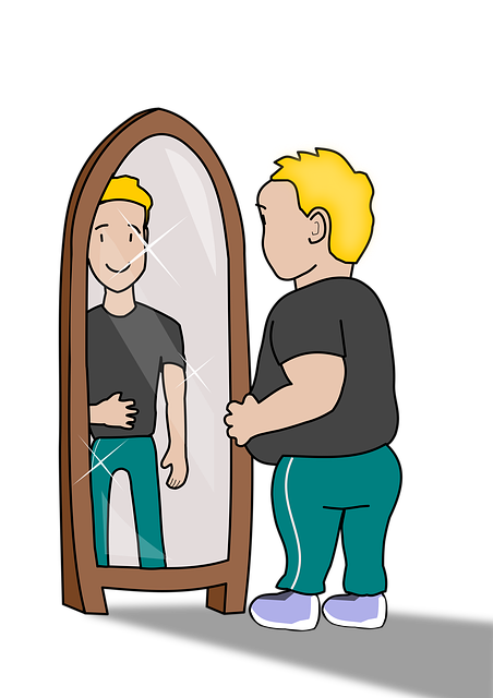 Body lookin in the mirror as a thinner version of himself